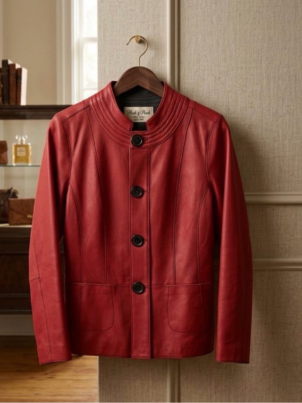 Peck & Peck Red / black Leather reversible Button-Front Jacket -M 8/10